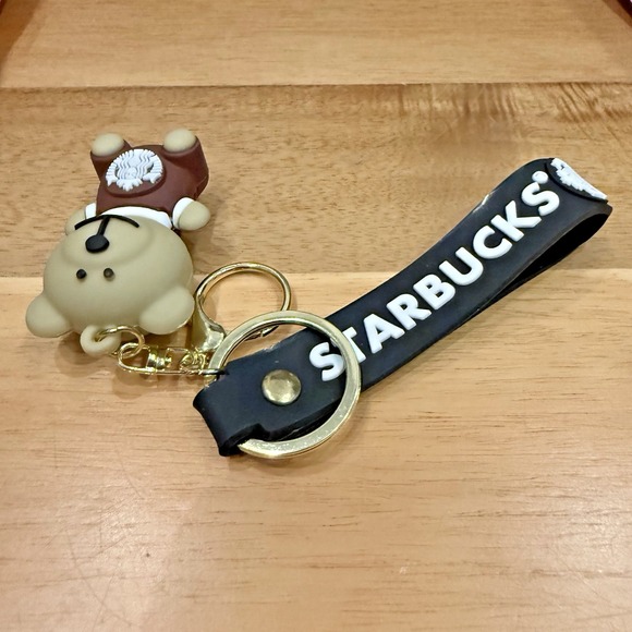 Coffee Bear Brown Apron Rubber & Metal Keychain New - Picture 3 of 4